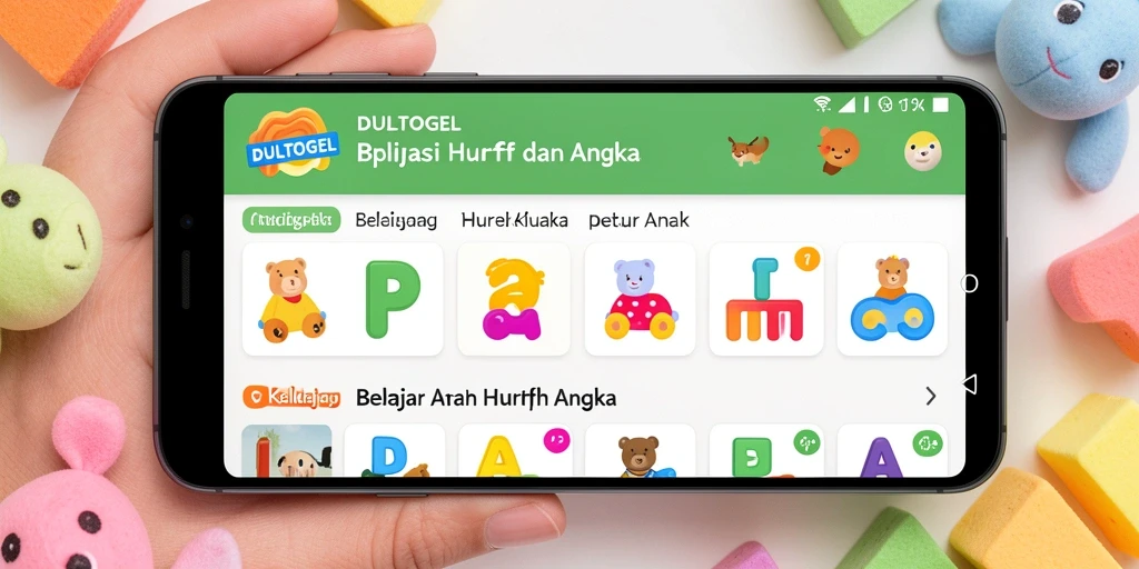 Screenshot DULTOGEL menampilkan antarmuka belajar huruf dan angka yang ceria.