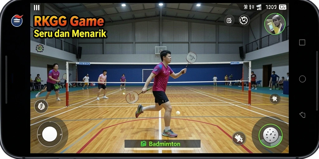 Antarmuka RKGG menampilkan aksi badminton yang seru.