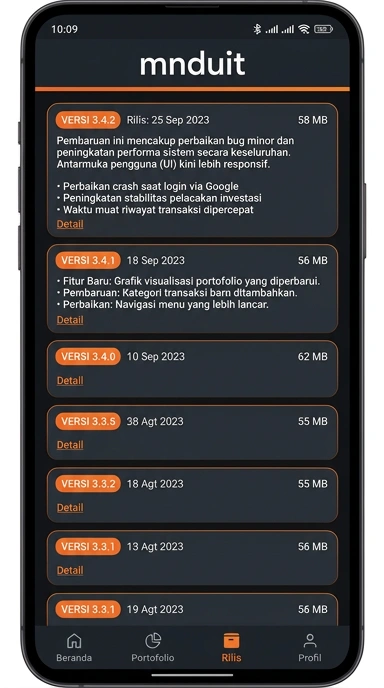 Tampilan riwayat versi mnduit